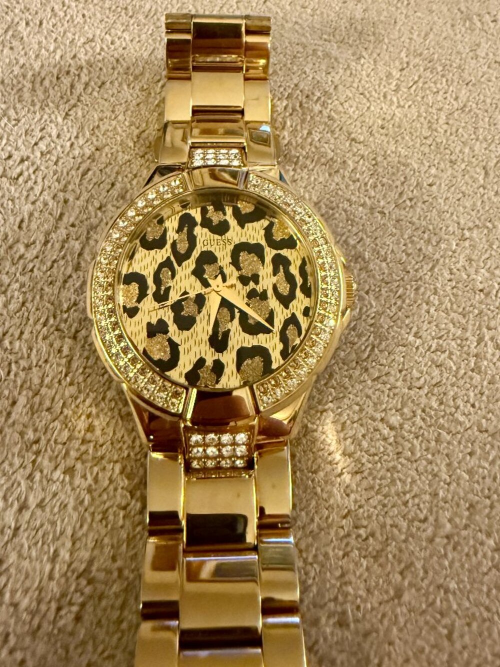 GUESS U0465L1 Women’s Gold Tone Leopard Animal Print Crystal Watch 42mm